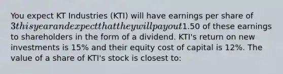 You expect KT Industries​ (KTI) will have earnings per share of​ 3 this year and expect that they will pay out​1.50 of these earnings to shareholders in the form of a dividend.​ KTI's return on new investments is​ 15% and their equity cost of capital is​ 12%. The value of a share of​ KTI's stock is closest​ to: