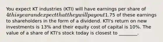 You expect KT industries (KTI) will have earnings per share of 4 this year and expect that they will pay out1.75 of these earnings to shareholders in the form of a dividend. KTI's return on new investments is 13% and their equity cost of capital is 10%. The value of a share of KTI's stock today is closest to ________.