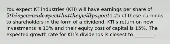 You expect KT industries (KTI) will have earnings per share of 5 this year and expect that they will pay out1.25 of these earnings to shareholders in the form of a dividend. KTIʹs return on new investments is 13% and their equity cost of capital is 15%. The expected growth rate for KTIʹs dividends is closest to ________.