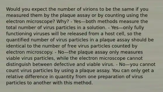 Would you expect the number of virions to be the same if you measured them by the plaque assay or by counting using the electron microscope? Why? - Yes—both methods measure the total number of virus particles in a solution. - Yes—only fully functioning viruses will be released from a host cell, so the quantified number of virus particles in a plaque assay should be identical to the number of free virus particles counted by electron microscopy. - No—the plaque assay only measures viable virus particles, while the electron microscope cannot distinguish between defective and viable virus. - No—you cannot count virus particles by using a plaque assay. You can only get a relative difference in quantity from one preparation of virus particles to another with this method.