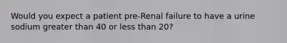 Would you expect a patient pre-Renal failure to have a urine sodium greater than 40 or less than 20?