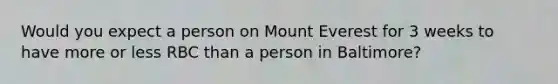 Would you expect a person on Mount Everest for 3 weeks to have more or less RBC than a person in Baltimore?