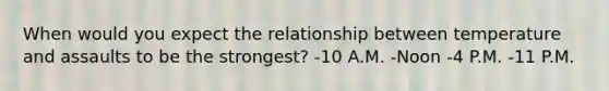 When would you expect the relationship between temperature and assaults to be the strongest? -10 A.M. -Noon -4 P.M. -11 P.M.