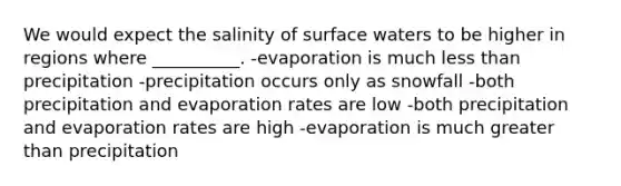 We would expect the salinity of surface waters to be higher in regions where __________. -evaporation is much less than precipitation -precipitation occurs only as snowfall -both precipitation and evaporation rates are low -both precipitation and evaporation rates are high -evaporation is much greater than precipitation