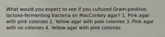 What would you expect to see if you cultured Gram-positive, lactose-fermenting bacteria on MacConkey agar? 1. Pink agar with pink colonies 2. Yellow agar with pale colonies 3. Pink agar with no colonies 4. Yellow agar with pink colonies