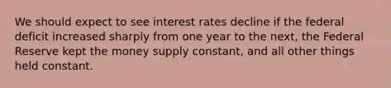 We should expect to see interest rates decline if the federal deficit increased sharply from one year to the next, the Federal Reserve kept the money supply constant, and all other things held constant.