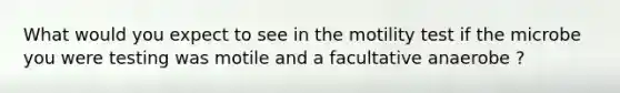 What would you expect to see in the motility test if the microbe you were testing was motile and a facultative anaerobe ?