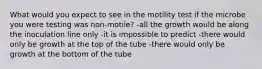 What would you expect to see in the motility test if the microbe you were testing was non-motile? -all the growth would be along the inoculation line only -it is impossible to predict -there would only be growth at the top of the tube -there would only be growth at the bottom of the tube