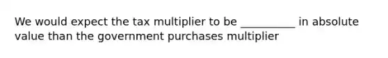 We would expect the tax multiplier to be __________ in absolute value than the government purchases multiplier