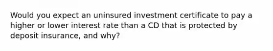 Would you expect an uninsured investment certificate to pay a higher or lower interest rate than a CD that is protected by deposit insurance, and why?