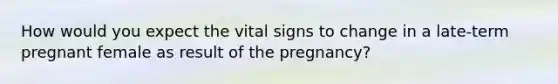 How would you expect the vital signs to change in a late-term pregnant female as result of the pregnancy?