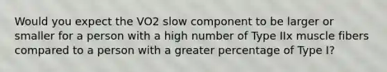 Would you expect the VO2 slow component to be larger or smaller for a person with a high number of Type IIx muscle fibers compared to a person with a greater percentage of Type I?