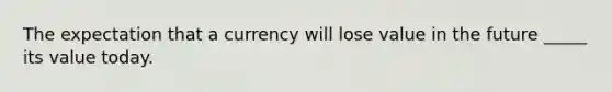 The expectation that a currency will lose value in the future _____ its value today.