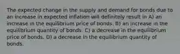 The expected change in the supply and demand for bonds due to an increase in expected inflation will definitely result in A) an increase in the equilibrium price of bonds. B) an increase in the equilibrium quantity of bonds. C) a decrease in the equilibrium price of bonds. D) a decrease in the equilibrium quantity of bonds.