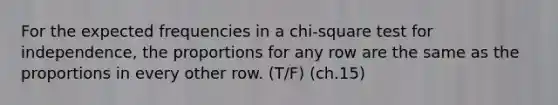 ​For the expected frequencies in a chi-square test for independence, the proportions for any row are the same as the proportions in every other row. (T/F) (ch.15)