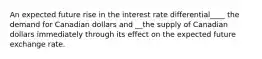 An expected future rise in the interest rate differential____ the demand for Canadian dollars and __the supply of Canadian dollars immediately through its effect on the expected future exchange rate.