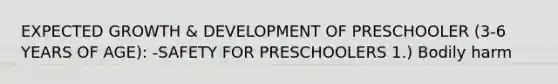 EXPECTED GROWTH & DEVELOPMENT OF PRESCHOOLER (3-6 YEARS OF AGE): -SAFETY FOR PRESCHOOLERS 1.) Bodily harm