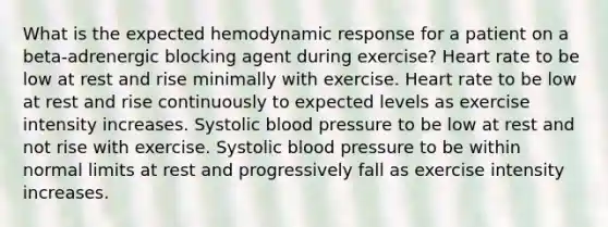 What is the expected hemodynamic response for a patient on a beta-adrenergic blocking agent during exercise? Heart rate to be low at rest and rise minimally with exercise. Heart rate to be low at rest and rise continuously to expected levels as exercise intensity increases. Systolic blood pressure to be low at rest and not rise with exercise. Systolic blood pressure to be within normal limits at rest and progressively fall as exercise intensity increases.