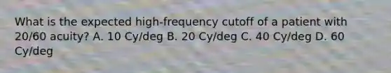 What is the expected high-frequency cutoff of a patient with 20/60 acuity? A. 10 Cy/deg B. 20 Cy/deg C. 40 Cy/deg D. 60 Cy/deg