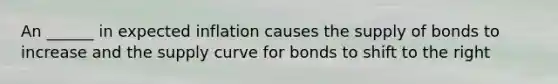 An ______ in expected inflation causes the supply of bonds to increase and the supply curve for bonds to shift to the right