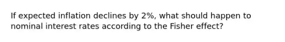 If expected inflation declines by 2%, what should happen to nominal interest rates according to the Fisher effect?