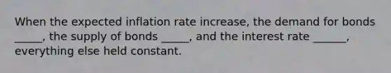 When the expected inflation rate increase, the demand for bonds _____, the supply of bonds _____, and the interest rate ______, everything else held constant.