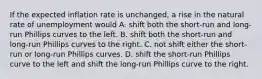 If the expected inflation rate is unchanged, a rise in the natural rate of unemployment would A. shift both the short-run and long-run Phillips curves to the left. B. shift both the short-run and long-run Phillips curves to the right. C. not shift either the short-run or long-run Phillips curves. D. shift the short-run Phillips curve to the left and shift the long-run Phillips curve to the right.