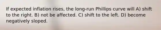 If expected inflation rises, the long-run Phillips curve will A) shift to the right. B) not be affected. C) shift to the left. D) become negatively sloped.