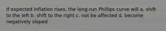 If expected inflation rises, the long-run Phillips curve will a. shift to the left b. shift to the right c. not be affected d. become negatively sloped
