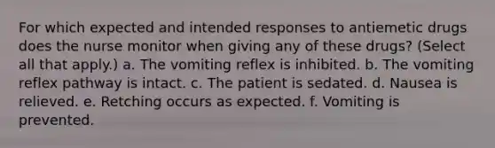 For which expected and intended responses to antiemetic drugs does the nurse monitor when giving any of these drugs? (Select all that apply.) a. The vomiting reflex is inhibited. b. The vomiting reflex pathway is intact. c. The patient is sedated. d. Nausea is relieved. e. Retching occurs as expected. f. Vomiting is prevented.