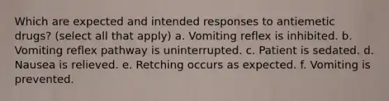 Which are expected and intended responses to antiemetic drugs? (select all that apply) a. Vomiting reflex is inhibited. b. Vomiting reflex pathway is uninterrupted. c. Patient is sedated. d. Nausea is relieved. e. Retching occurs as expected. f. Vomiting is prevented.