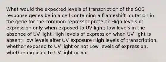 What would the expected levels of transcription of the SOS response genes be in a cell containing a frameshift mutation in the gene for the common repressor protein? High levels of expression only when exposed to UV light; low levels in the absence of UV light High levels of expression when UV light is absent; low levels after UV exposure High levels of transcription, whether exposed to UV light or not Low levels of expression, whether exposed to UV light or not