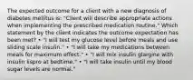 The expected outcome for a client with a new diagnosis of diabetes mellitus is: "Client will describe appropriate actions when implementing the prescribed medication routine." Which statement by the client indicates the outcome expectation has been met? • "I will test my glucose level before meals and use sliding scale insulin." • "I will take my medications between meals for maximum effect." • "I will mix insulin glargine with insulin lispro at bedtime." • "I will take insulin until my blood sugar levels are normal."