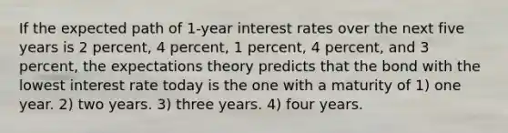 If the expected path of 1-year interest rates over the next five years is 2 percent, 4 percent, 1 percent, 4 percent, and 3 percent, the expectations theory predicts that the bond with the lowest interest rate today is the one with a maturity of 1) one year. 2) two years. 3) three years. 4) four years.