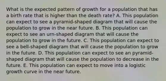 What is the expected pattern of growth for a population that has a birth rate that is higher than the death rate? A. This population can expect to see a pyramid-shaped diagram that will cause the population to grow in <a href='https://www.questionai.com/knowledge/k3kaQH73w3-the-near-future' class='anchor-knowledge'>the near future</a>. B. This population can expect to see an urn-shaped diagram that will cause the population to grow in the future. C. This population can expect to see a bell-shaped diagram that will cause the population to grow in the future. D. This population can expect to see an pyramid-shaped diagram that will cause the population to decrease in the future. E. This population can expect to move into a logistic growth curve in the near future.