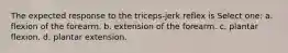 The expected response to the triceps-jerk reflex is Select one: a. flexion of the forearm. b. extension of the forearm. c. plantar flexion. d. plantar extension.