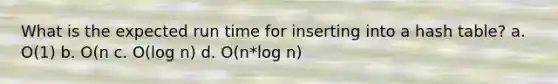 What is the expected run time for inserting into a hash table? a. O(1) b. O(n c. O(log n) d. O(n*log n)