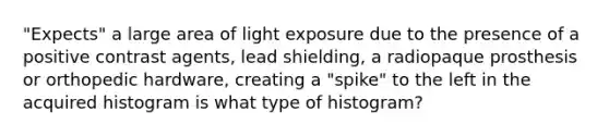 "Expects" a large area of light exposure due to the presence of a positive contrast agents, lead shielding, a radiopaque prosthesis or orthopedic hardware, creating a "spike" to the left in the acquired histogram is what type of histogram?