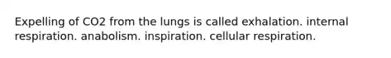 Expelling of CO2 from the lungs is called exhalation. internal respiration. anabolism. inspiration. cellular respiration.