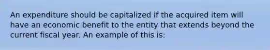 An expenditure should be capitalized if the acquired item will have an economic benefit to the entity that extends beyond the current fiscal year. An example of this is: