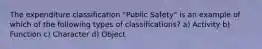 The expenditure classification "Public Safety" is an example of which of the following types of classifications? a) Activity b) Function c) Character d) Object