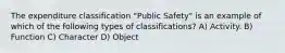 The expenditure classification "Public Safety" is an example of which of the following types of classifications? A) Activity. B) Function C) Character D) Object