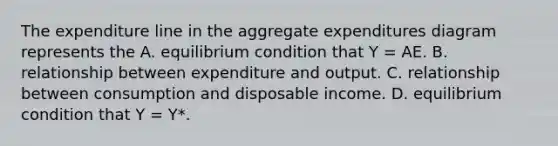 The expenditure line in the aggregate expenditures diagram represents the A. equilibrium condition that Y = AE. B. relationship between expenditure and output. C. relationship between consumption and disposable income. D. equilibrium condition that Y = Y*.