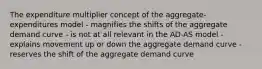 The expenditure multiplier concept of the aggregate-expenditures model - magnifies the shifts of the aggregate demand curve - is not at all relevant in the AD-AS model - explains movement up or down the aggregate demand curve - reserves the shift of the aggregate demand curve