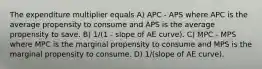 The expenditure multiplier equals A) APC - APS where APC is the average propensity to consume and APS is the average propensity to save. B) 1/(1 - slope of AE curve). C) MPC - MPS where MPC is the marginal propensity to consume and MPS is the marginal propensity to consume. D) 1/(slope of AE curve).