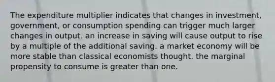 The expenditure multiplier indicates that changes in investment, government, or consumption spending can trigger much larger changes in output. an increase in saving will cause output to rise by a multiple of the additional saving. a market economy will be more stable than classical economists thought. the marginal propensity to consume is greater than one.