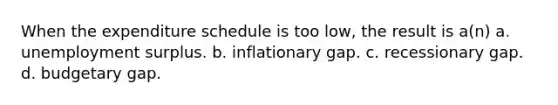 When the expenditure schedule is too low, the result is a(n) a. unemployment surplus. b. inflationary gap. c. recessionary gap. d. budgetary gap.