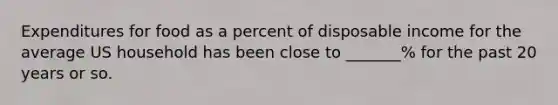 Expenditures for food as a percent of disposable income for the average US household has been close to _______% for the past 20 years or so.