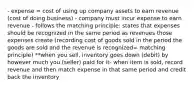 - expense = cost of using up company assets to earn revenue (cost of doing business) - company must incur expense to earn revenue - follows the matching principle: states that expenses should be recognized in the same period as revenues those expenses create (recording cost of goods sold in the period the goods are sold and the revenue is recognized= matching principle) **when you sell, inventory goes down (debit) by however much you (seller) paid for it- when item is sold, record revenue and then match expense in that same period and credit back the inventory