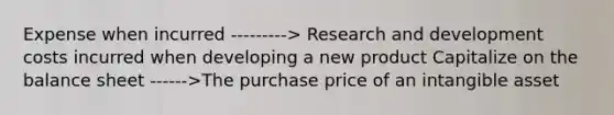 Expense when incurred ---------> Research and development costs incurred when developing a new product Capitalize on the balance sheet ------>The purchase price of an intangible asset